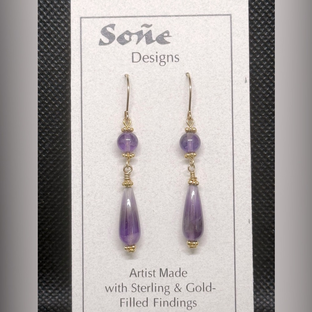 Natural teardrop shaped Amethyst Earrings on 14 KGF wires